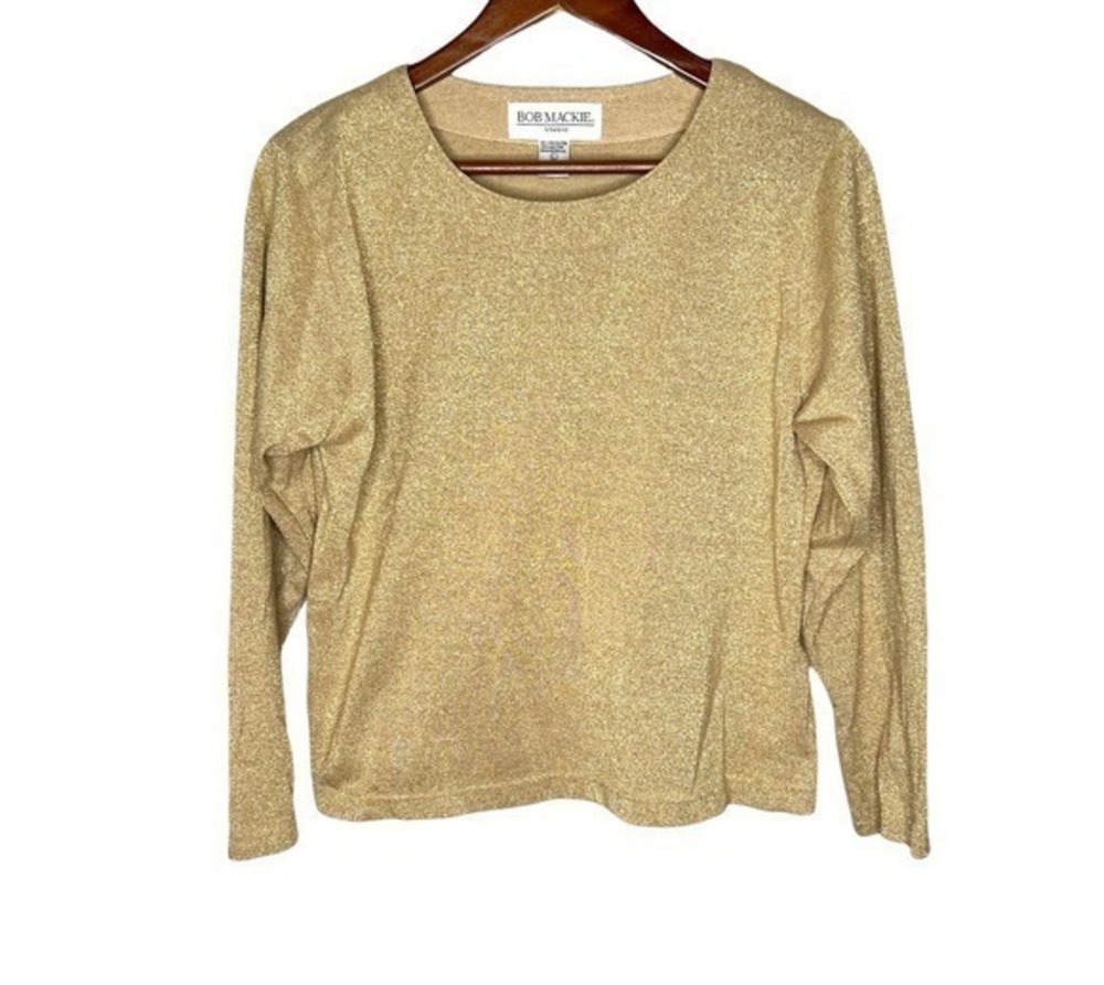 Bob Mackie VINTAGE gold metallic sparkle long sleeve pull over top size large